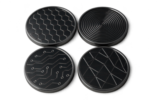 Four metallic disks with diverse geometric patterns, isolated subject.