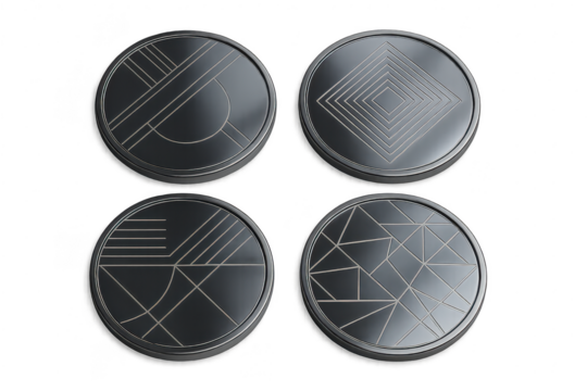 Metal tokens, geometric patterns, isolated on transparent background, art.