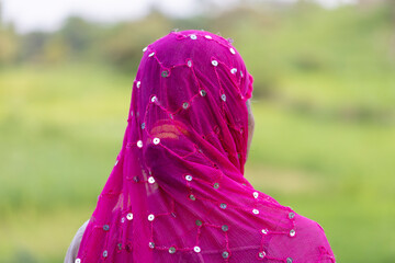 Indian woman dressed in purple sari at indian village
