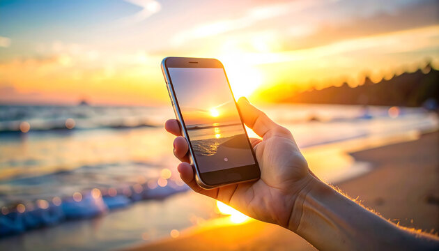 Digital Dawn on the Shore: A hand cradles a smartphone, capturing a breathtaking sunset vista as the radiant sun dips toward the horizon, its warm light reflecting off the tranquil ocean.