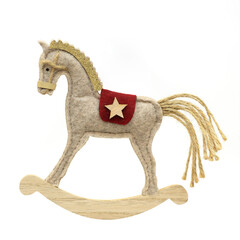 Vintage toy horse  made of wool on a white background. The rocking horse is a classic holiday decoration, perfect for holiday decor and Christmas themes. Vintage holiday illustration.