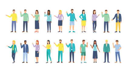 Diverse Group of People Standing and Pointing Up or Sideways. Flat Vector Illustration Set of Business and Casual Characters.