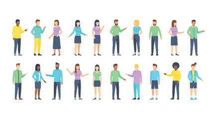 Diverse Group of People Pointing Collection. Set of full-length flat vector illustrations featuring various men and women gesturing, indicating direction, or presenting information.