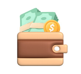 3D Illustration of Wallet with Bills a Coin on Transparent Background. Perfect for Financial, Business and Lifestyle-Themed Content in Advertising or Social Media.