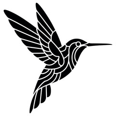 Fototapeta premium Elegant black silhouette of a hummingbird in flight with intricate wing details against a white background