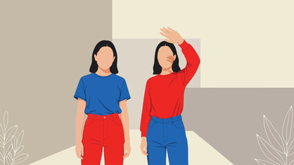 Minimalist Vector Illustration of Two Women in Contrasting Red and Blue Outfits
