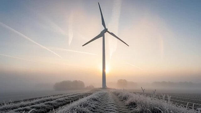 Wind turbine on a frosty field at sunrise, renewable energy in scenic landscape, alternative power