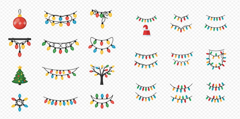 Collection of Christmas lights and decorations, including string lights, a tree, and an ornament.