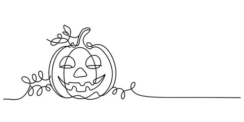 Continuous line art drawing of a grinning jack-o'-lantern halloween pumpkin with curly vines, minimalist outline for festive autumn celebration. Vector, illustration