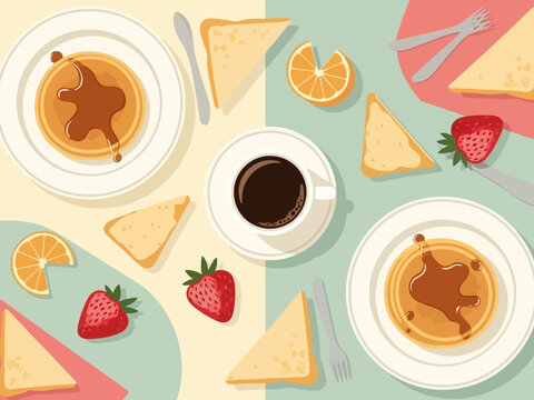 Flat lay vector illustration of a sweet breakfast spread featuring pancakes, coffee, and fruit.