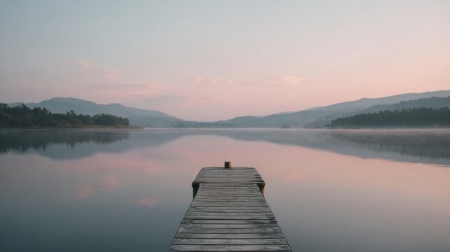 Photograph of a wooden pier extending into a calm lake. the pier is made of wooden planks and is in the center of the image.