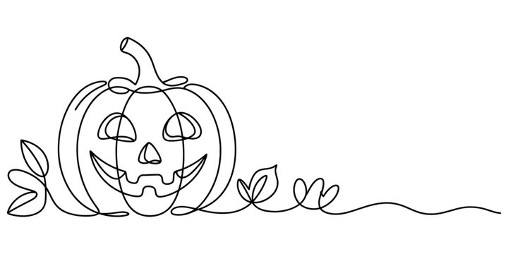 Continuous line drawing of a smiling halloween jack-o'-lantern pumpkin with decorative leaves, a minimalist spooky season holiday illustration. Vector, illustration