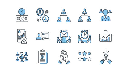 Business Management and Finance Vector Icons Set | Teamwork, Organization, Investment, Time Management, and Success Symbols