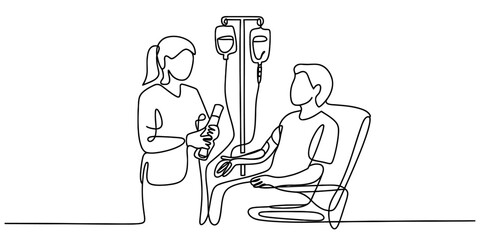 Minimalist continuous line art drawing of a nurse providing intravenous fluid to a seated patient, illustrating healthcare and medical support. Vector, illustration
