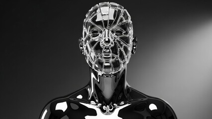 Futuristic robot mannequin with a reflective surface in dark setting  