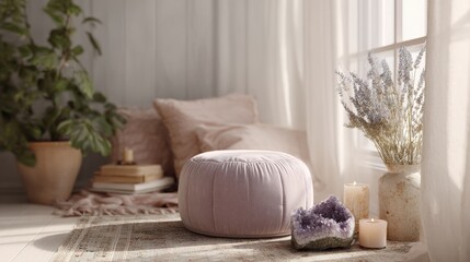 Cozy living room with a large window on the right side. the window has white curtains and is letting in natural light.