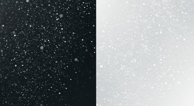hyper-realistic macro close-up of tiny white snowflakes and ethereal dust particles in a high-contrast diptych. left, charcoal grey; right, minimalist white. cinematic bokeh. concept of abstract