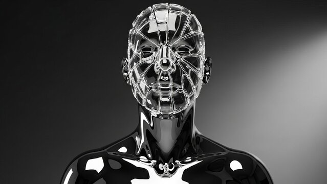 Futuristic robot mannequin with a reflective surface in dark setting  