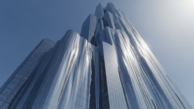 Modern skyscraper with glass facade against clear blue sky  