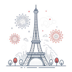 Fototapeta premium A minimal Eiffel Tower design accented with small abstract fireworks creating a festive modern visual highlighting