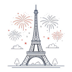 Fototapeta premium A minimal Eiffel Tower design accented with small abstract fireworks creating a festive modern visual highlighting