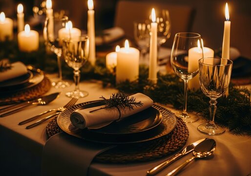 Elegant formal dinner table setting illuminated by warm candlelight and decorated with festive greenery