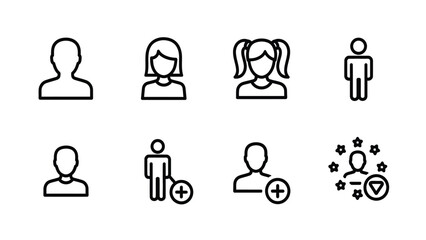 User Profile and Avatar Line Icon Set. Vector Outline Collection of People Symbols, Including Male, Female, Add User, and Star Rating Icons for UI/UX Design and Web Interfaces