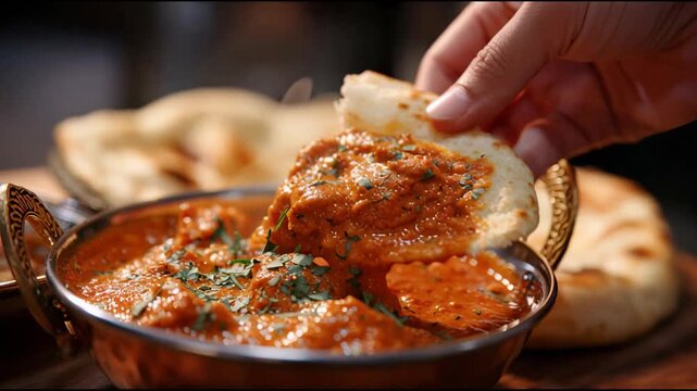 Traditional Indian meal featuring chicken tikka masala and fluffy naan, arranged on a rustic table. The spices in the curry are visible, and a small bowl of chutney or raita adds contrast.