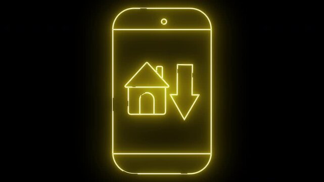 Yellow outline of a phone with a house and downward arrow inside set against a black background