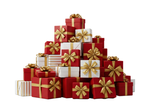 A close-up of a cascading pile of luxury christmas gifts, wrapped in matte red and glossy white with reflective gold silk ribbons, isolated on a clean high-key background. Concept for commercial