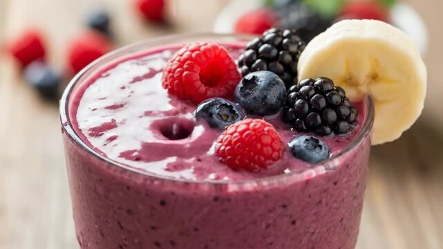A refreshing mixed berry smoothie in a glass, topped with fresh raspberries, blueberries, blackberries, and banana slices