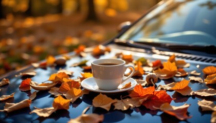 Cozy autumn coffee moments in sunlit nature with warm vibes and colorful leaves