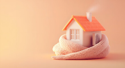 miniature house wrapped in orange knitted scarf on white radiator, symbolizing home heating, energy efficiency, insulation, and warmth during winter against orange background.
