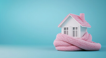 miniature house wrapped in pink knitted scarf on white radiator, symbolizing home heating, energy efficiency, insulation, and warmth during winter against blue background.
