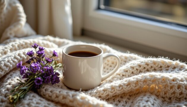 Cozy autumn morning with coffee and sunlight warm knit blankets inviting home environment