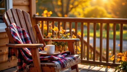 Cozy autumn coffee moments on a wooden patio embracing warm sunlight in a serene environment