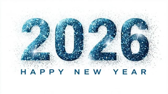 fondo navide&ntilde;o con el numero 2026 en color azul con brillantina y luces blancas parpadeando , con inscripcion, happy new year, sobre fondo blanco festivo. Concepto a&ntilde;o nuevo