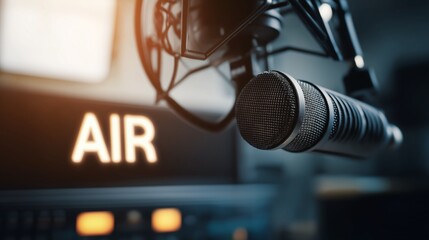 Professional microphone and on air sign in radio station