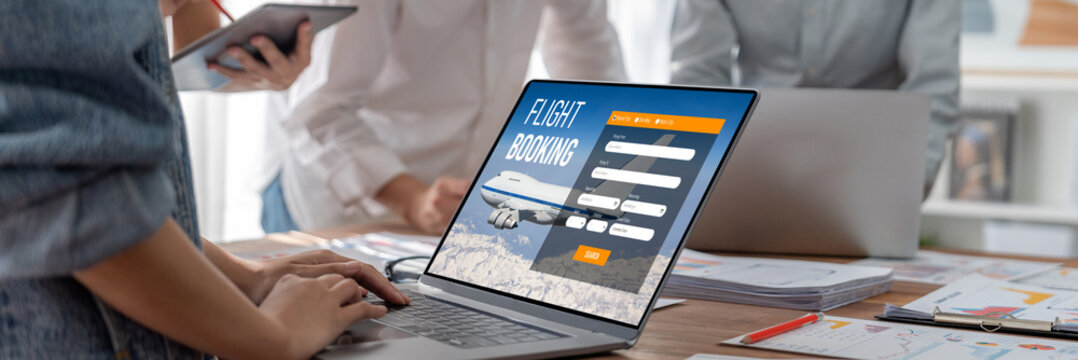 Online flight booking website provide brisk reservation system . Travel technology concept .