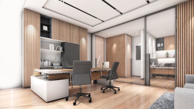 The executive room has a personal work desk and a reception chair in a wood tone with white walls, overlooking the outside of the office. , 3D rendering
