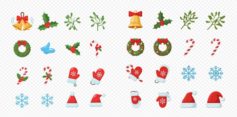 Festive Christmas icons featuring bells, holly, mistletoe, wreaths, candy canes, mittens, snowflakes, and Santa hats.