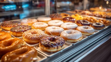Freshly Baked Donuts Displayed in Pastry Shop with Colorful Toppings and Icing on Glazed Pastries in a Bright and Inviting Environment