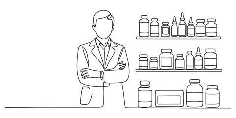 Professional pharmacist or doctor in continuous line art, standing with crossed arms next to shelves displaying various medicine bottles and vials. Vector, illustration