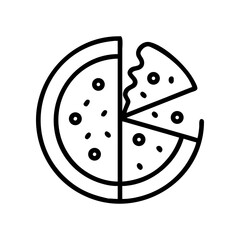 Pizza with a slice missing in a simple line drawing on transparent background