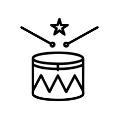 Outline drawing of a drum with sticks and a star on transparent background