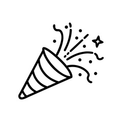 Simple line art of a party popper with confetti on transparent background
