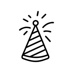 Outline illustration of a striped party hat icon on transparent background