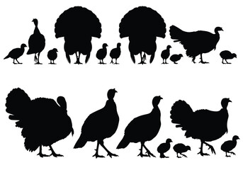 Black silhouettes of turkeys chickens and chicks in a row