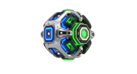 Futuristic technology sphere with glowing blue green lights