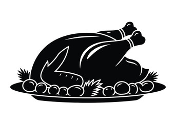 A black and white illustration of a roasted turkey on a platter